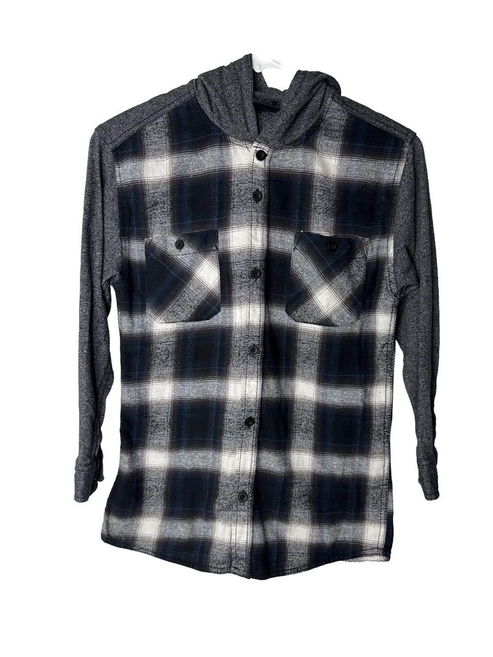 BURNSIDE Boy’s Flannel Plaid Hooded Button Shirt Jacket Long Sleeve Black Blue